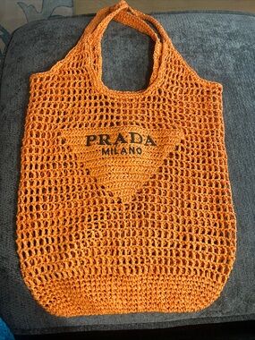 Prada Orange ( Arancio) rafia crochet Milano Tote